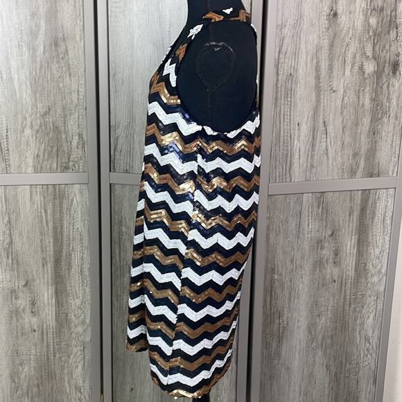 Francesca's Alya black/navy/gold/cream sequins bodycon dress women's L - Picture 5 of 13